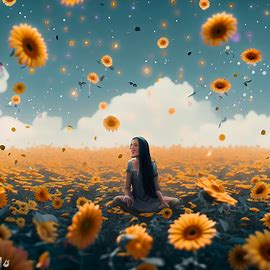 Imagine a world where the sky is always filled with beautiful sunflowers floating in the air.  &#10;. Image 4 of 4