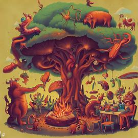 Illustrate a world where meat grows on trees, and creatures of all shapes and sizes enjoy a never-ending BBQ. Image 4 of 4