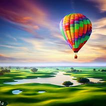 Imagine a colorful hot air balloon floating over a serene golf course dotted with water hazards.