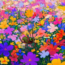 Draw a cricket surrounded by a field of vibrant, blooming flowers. Image 1 of 4