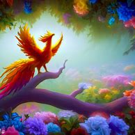 Imagine a whimsical scene of a phoenix perching on a tree branch surrounded by colorful flowers.