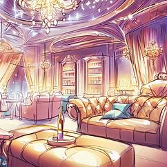 Draw a scene of a luxurious VIP lounge filled with plush sofas, elegant fixtures, and sparkling champagne.