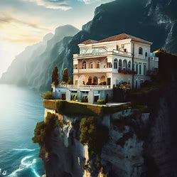 Create an image of a luxurious villa perched on a cliff overlooking the stunning Amalfi Coast.