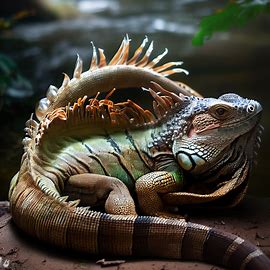 An iguana with a massive, lush and ornate tail curled up next to a river.. Image 2 of 4