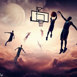 Create a surreal interpretation of a basketball game where players are floating through the air while they shoot hoops.. Image 3 of 4