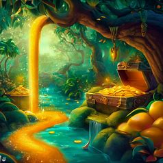 A magical garden with a fountain flowing with mango juice and a hidden treasure of gold mangoes.