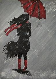 Image result for Black Ink Drawing Girl Rain Red Galoshes with Umbrella