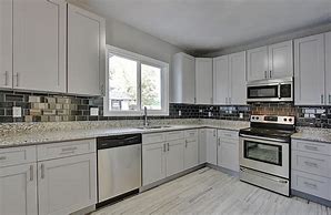 Image result for Grey Shaker Cabinets White Appliances