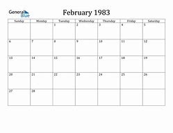 Image result for February 1983 Calendar