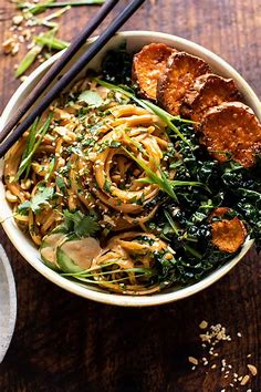 Saucy Tahini Noodles with Honey'd Sweet Potatoes. - Half Baked Harvest