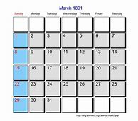 Image result for March 1801 Calendar