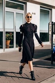 Image result for Long-Sleeved Long Black Dress with Flat Black Boots