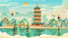 National Tide Wind Landmark Hangzhou West Lake Sun Moon Lake Landscape National Wind Illustration, Chinese Style, Small Fresh, Chinese Cloud Illustration Background And Wallpaper For Free Download - Pngtree