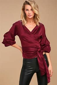 Image result for Burgundy Wrap Over Fitted Women's Top
