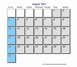 Image result for Calendar of August 1851