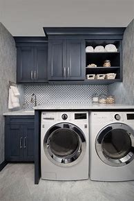 Image result for Washer and Dryer Blue with Cbainets