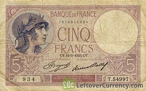Image result for Cinq Francs Bill Value