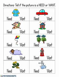 Image result for Needs and Wants Kids Worksheet