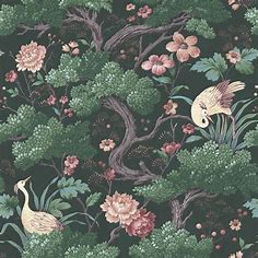 Crane Bird Forest Green Wallpaper Green & Pink Bright Animals, Birds & Floral Chinoiserie & Oriental Bold Vintage Wallpaper by Woodchip & Magnolia