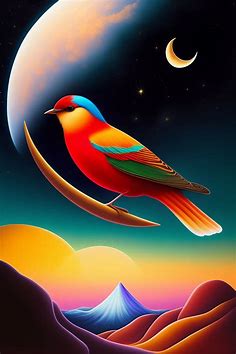 Lexica - A legendary colored bird died on a crescent moon