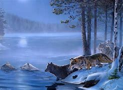 Image result for Wolves by River Painting
