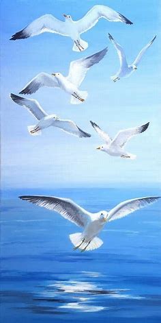 Check out my artwork "Seagulls in flight" on PatronArt.com! | Landscape art painting, Birds painting, Bird painting acrylic