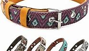 Western Dog Collar - Leather Embroidered Design for Small Medium Large Dogs & Puppy Pets - Aztec Southwest for Boy Girl Female & Male Dogs - Collar para Perros Beaded (Medium, Camelot)