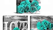 Teal Bathroom Wall Decor Turquoise Teal and Grey Rose Wall Art for Bedroom Living Room Accessories Love Sign Aqua Green Flower Pictures Floral Poster Canvas Artwork Kitchen Home Decoration 12x12" 3