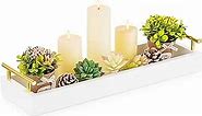 Hanobe Rectangle Long Narrow Tray: Decorative Trays Rectangular Candle Holder Trays for Home Decor White Centerpiece Tray Decor Serving Tray with Gold Handles for Dining Table Coffee Bar Living Room