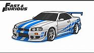How to draw a NISSAN SKYLINE GT-R R34 from Fast and Furious 2 / drawing Paul Walker's nissan car