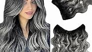 Clip in Hair Extensions Human Hair, Body Wave Silver Hair Extensions Seamless Clip in Human Hair Balayage Wavy Remy Hair Extensions Black Mix Grey Clip ins for 3/4 Full Head 18inch 80g