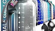 AQUAFIT Half Gallon Water Bottle With Time Marker - Straw & Chug Lid - Big Water Bottle With Straw - BPA Free Gym Water Bottle With Handle - Gallon Water Jug (64 oz - 2 Lids, Gray)