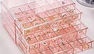 FEECKOCK Earring Organizer Box, 72 Grids Acrylic Jewelry Storage Case for Women, Clear Plastic Display Tray 3 Drawers Earrings Holder for Ring, Necklace, Bead, Nail Tip, Crystal