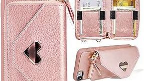 JLFCH iPhone 8 Wallet Case, iPhone 7 Crossbody Case, iPhone SE Wallet case with Card Slot Holder Zipper Wrist Strap Crossbody Chain Purse for Apple iPhone 7/8 / SE, 4.7 inch - Rose Gold