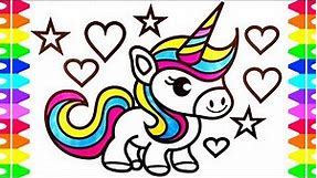 Cute Unicorn Coloring Page for Kids| Learn How to Draw a Baby Unicorn with Hearts Stars| Art Colors