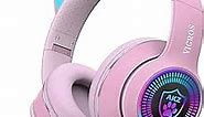 Cat Ear Gaming Headphones Wired AUX 3.5mm LED Light, Noise Canceling Game Headphones Stereo Foldable Over-Ear Headsets with Microphone Fit Girls, Kids for PC, PS4, Switch, Xbox, Mobile, Laptop