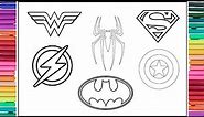 Coloring Logo Superheroes | Wonder Woman | Spiderman | Superman | Flash | Batman | Captain America