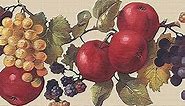 Dundee Deco DDAZBD9253 Peel and Stick Wallpaper Border - Fruits Beige Red Purple Apples and Grapes Wall Border Retro Design, 15 ft x 7 in (4.57m x 17.78cm), Self Adhesive