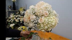 How to Make a Tall Vase Centrepiece With Hydrangea and Roses.
