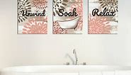 3 Pieces Bathroom Canvas Wall Art Relax Unwind Soak Prints on Rustic Backdrop Painting Pink Dahlia Flower Painting on Wood Board Artwork for Bathroom Wall Decor 12x16inchx3pcs (Red)