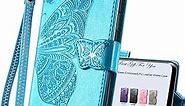 HAOTP for Samsung Galaxy S9 Plus Phone Case Wallet,Women Flip Folio Cover Credit Card Holders Emboss Butterfly Flower PU Leather Purse Wrist Strap Kickstand Case for Samsung Galaxy S9 Plus Blue