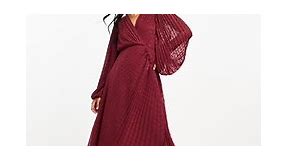ASOS DESIGN pleated metallic textured chiffon wrap button detail maxi dress in burgundy | ASOS