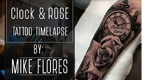 Clock and Realistic Rose Tattoo Time-Lapse by Mike Flores