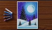 Easy Winter Snowfall Scenery Drawing for Beginners with Oil Pastels - Step by Step