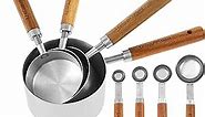 8 Pcs Measuring Cups and Spoons Set Stainless Steel Cup Measurement Set with Wooden Handle Portable Measuring Spoons Set Measuring Cup Spoons Kitchen Measuring Tools for Dry and Liquid Ingredients (A)