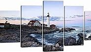 Wieco Art Portland Lighthouse 5 Panels Modern Canvas Prints Artwork Seascape Pictures to Photo Paintings on Stretched and Framed Canvas Wall Art Décor for Living Room Bedroom Home Decorations