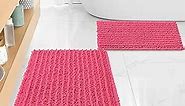 FLOLEOPA Luxury Chenille Hot Pink Bathroom Rugs Bath Mats Sets, Extra Soft and Absorbent Bathroom Rugs Non Skid Machine Wash Dry Bath Mats（32"x20" Plus 17"x24"）