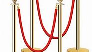 Stainless Steel Stanchion Post Queue 5 ft Red Velvet Rope Red Carpet Ropes and Poles Crowd Control Barriers Sand Injection Hollow Base and Velvet Ropes Set for Party Supplies (4 Pieces, Gold)