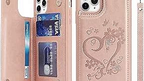 iCoverCase for iPhone 11 Pro Max Case with Card Holder, iPhone 11 Pro Max Wallet Case for Women, RFID Blocking Embossed Leather Wrist Strap for 11pro Max iPhone Case 6.5 Inch (Heart Rose Gold)