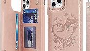iCoverCase for iPhone 11 Pro Max Wallet Case with Card Slots Holder and Wrist Strap [RFID Blocking] Embossed Leather Kickstand Magnetic Clasp Shockproof Cover 6.5 Inch (Heart Rose Gold)